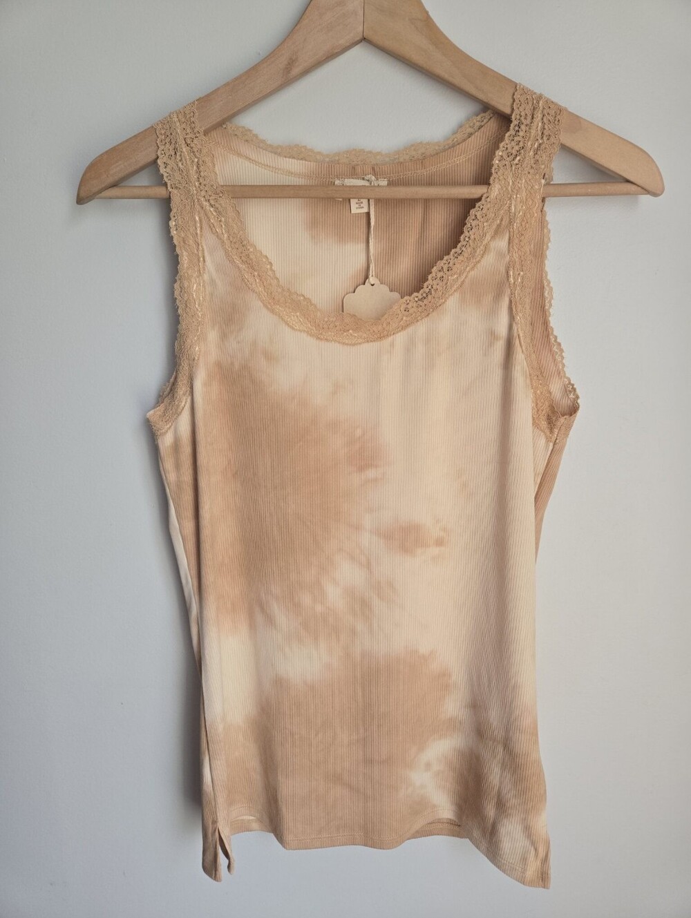 New HEM & THREAD Lace-Trim Ribbed Tank in Light Tan Tie-Dye